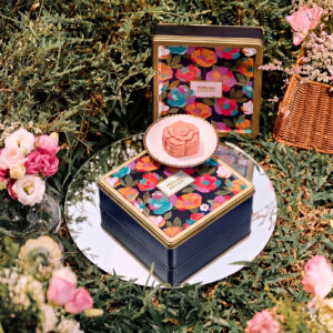 Court of Peonies mooncake gift tin – deep navy metal tin with painted peonies, Mdm Ling Bakery