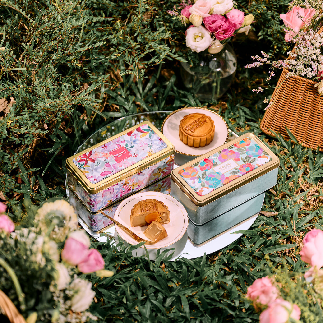 The Painted Garden and Court of Peonies 2-piece mooncake metal tins, Mdm Ling Bakery